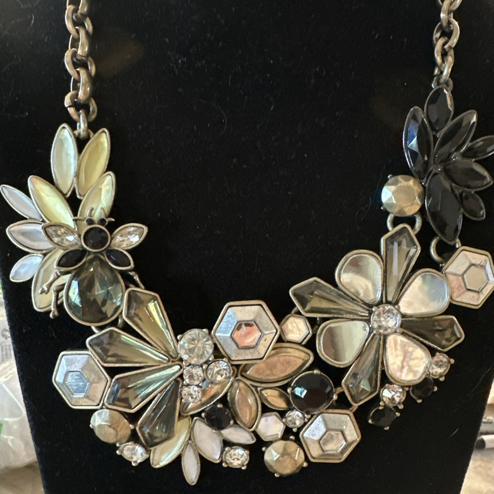 RARE Vtg Bug Signed Banana Republic Beetle Mirror Rhinestone Statement Necklace